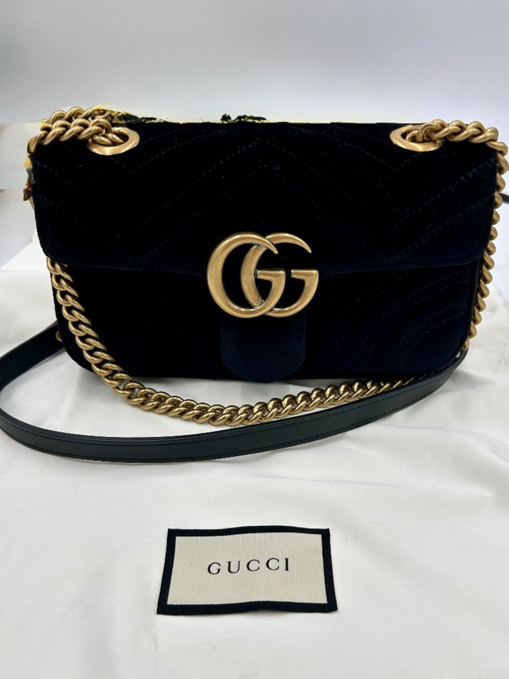 Women’s Gucci GG Marmont quilted Velvet Shoulder Bag. Made in Italy.
